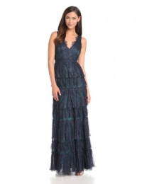 BCBGMAXAZRIA Women's Lilian V-Neck Lace Gown, Dark Ink Combo, 4