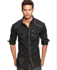 Think of it as a cowboy shirt for the urban cowboy: Long-sleeved woven sport shirt with asymmetric embroidery and a large graphic printed on the back, from Marc Ecko Cut & Sew.