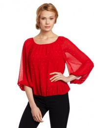 Vince Camuto Women's Peasant Allover Rhinestone Blouse, Rouge, Medium