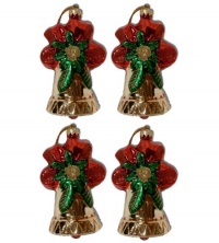 Set of 4 Gold Glass Bell Christmas Ornaments with Red Poinsettias and Green Leaves