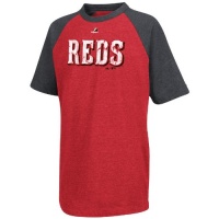 MLB Cincinnati Reds Youth Big Leaguer Fashion Crew Neck Ringer T-Shirt, Red Pepper Heather/Charcoal Heather, Medium