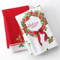 Red Christmas Mistletoe & Wreath Kitchen Towel Set-2pk