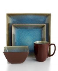 Earthy hues of amber, sienna and jade become otherworldly with reactive glaze. This intense color, coupled with sharp square shapes, produces 4-piece place settings with stunning beauty and contemporary flair. From The Cellar's collection of dinnerware and dishes.