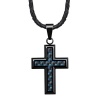 Willis Judd New Mens Black Stainless Steel Cross Pendant with Blue Carbon Fibre on Genuine Leather Necklace Packed in a Free Black Velvet Gift Pouch