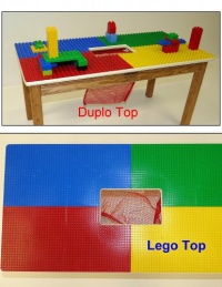 DUPLO OR LEGO COMPATIBLE PLAY TABLE WITH STORAGE POCKET & SOLID OAK WOOD LEGS AND FRAME - BUILT TO LAST--MADE IN USA!!! (Choose correct top, Duplo or Lego below - click on NEW below the detail area. That will show you sellers & types of tabletops under 