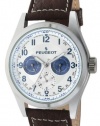 Peugeot Men's 2028 Silver-Tone Multi-Function Brown Leather Strap Watch