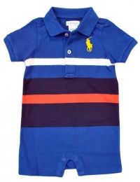 Ralph Lauren Layette Boys Big Pony Striped Polo Shortall, Blue, 9 M