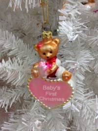 Baby's First Christmas Girl Glass Ornament Bear with Heart - 2011