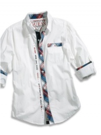 GUESS Kids Boys Big Boy Roll-Up Sleeve Plaid-Trim Shirt, WHITE (12/14)