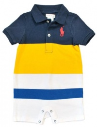 Ralph Lauren Layette Boys Big Pony Striped Polo Shortall, Navy, 3 M