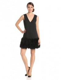 BCBGMAXAZRIA Women's Jamysen V-Neck Dress with Feather Hem, Black, 4