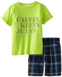 Calvin Klein Boys 2-7 Short Sleeve Top With Plaided Short, Green, 7