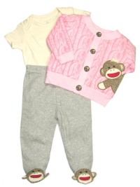 Baby Girls 3 Piece Sock Monkey Footed Pants and Cardigan Outfit by Baby Starters - Gray - 6 Mths / 12-16 Lbs