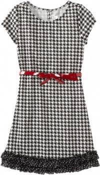 Sweet Heart Rose Girls 7-16 Short Sleeve Houndtooth Dress with Functional Red Belt, Black White, 14